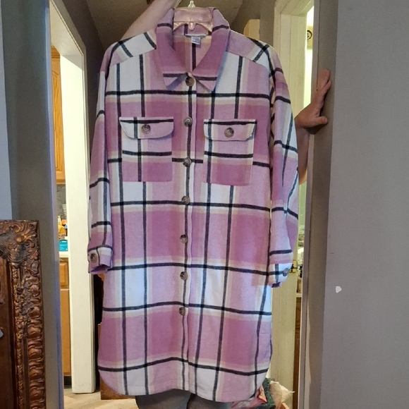Women's Pink Plaid Utility Jacket - Picture 1 of 9